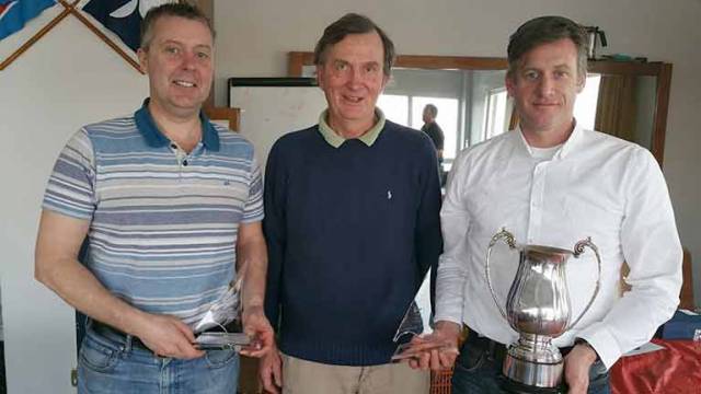 Noel Butler & Stephen Oram ( (left)) – DMYC Frostbite 2016/17 Overall winners with DMYC Commodore Barry Kenny (centre)