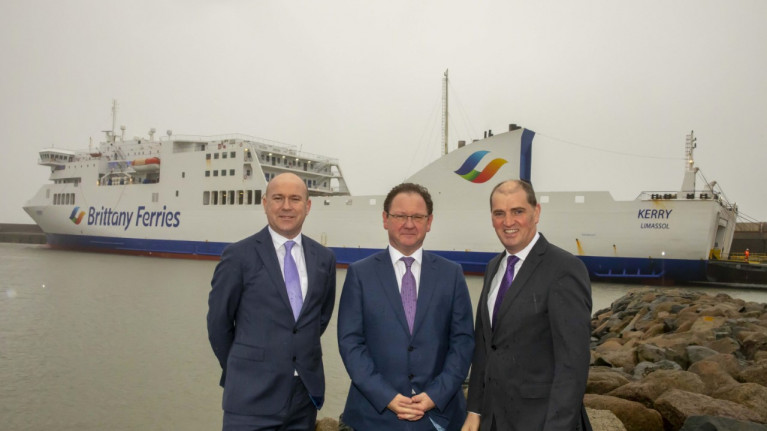 Brittany Ferries Group Freight Director, Simon Wagstaff; Glenn Carr, General Manager, Rosslare Europort; and Minister Paul Kehoe TD pictured this morning at the Co. Wexford ferryport. AFLOAT adds the ropax ferry Kerry berthed at the harbour's outer pier prior to departing today on the new Ireland-Spain route's ship's maiden sailing bound for Bilbao, northern Spain.