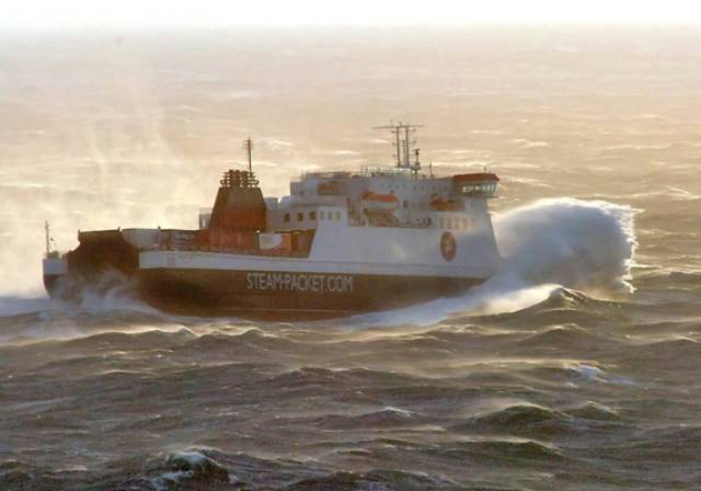 IOM Steam Packets' ropax ferry Ben-my-Chree sailing in rough seas. 