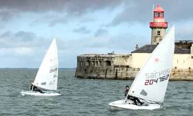 Laser dinghies compete in Royal St. George&#039;s Final Fling event inside Dun Laoghaire Harbour