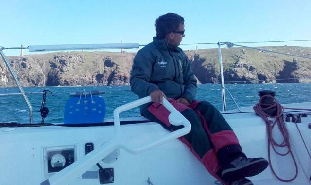 Conor Fogerty at the helm of his Sunfast 3600 which he will sail Round Britain and Ireland in August with Simon Knowles
