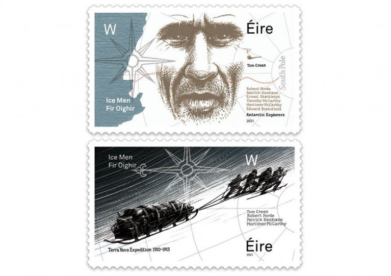 Two of the stamps in the new set, one of which features a sketch portrait of Tom Crean