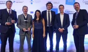 Pictured at the European Satellite Navigation Awards in Estonia are (l-r) Matthew Kelly, CTO, DroneSAR; Leo Murray, R&amp;D, DroneSAR; Kathryn lenvain, Head of competitions and events, AZO;  Andreas Veispak, Head of Space data/Copernicus at European Commission; Oisin McGrath, CEO, DroneSAR; Bruce Hannah, CTO, National Space Centre Ltd