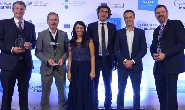 Pictured at the European Satellite Navigation Awards in Estonia are (l-r) Matthew Kelly, CTO, DroneSAR; Leo Murray, R&D, DroneSAR; Kathryn lenvain, Head of competitions and events, AZO;  Andreas Veispak, Head of Space data/Copernicus at European Commission; Oisin McGrath, CEO, DroneSAR; Bruce Hannah, CTO, National Space Centre Ltd