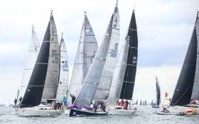 Class One competitors jostle for position at the favoured pin end of today&#039;s coastal race of the Volvo Dun Laoghaire Regatta