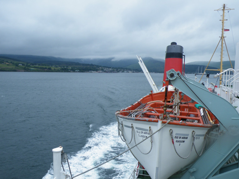 CalMac's Ardrossan-Campbeltown ferry to stop at Arran on peak days in timetable shake-up. Above Afloat's starboard side scene of Isle of Arran departing Brodick, Arran when bound for the Mull of Kintyre 