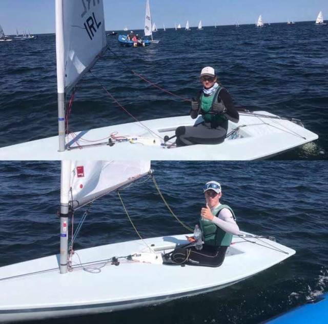 Dublin Bay sailors Clare Gorman NYC (top) and Tom Higgins RStGYC celebrate following their top threes scores yesterday at the Laser Radial Youth Worlds   