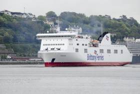 The chartered Connemara contributed to boosting Brittany Ferries Cork-Roscoff (Ireland-France) route as the operators strongest performing of the company&#039;s network of 12 routes that collectively also links those between the UK, France and Spain. AFLOAT adds the Cypriot flagged Connemara arriving to Cork (Ringaskiddy). In the background the stern of a Cunard Line &#039;Vista&#039; class cruiseship that called to Cobh. 