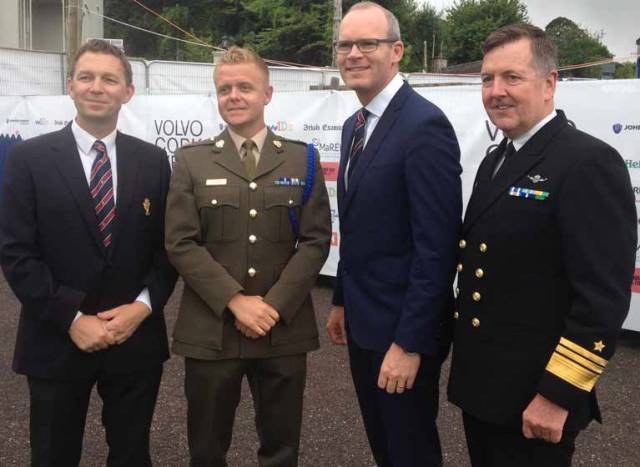 Top Brass at Crosshaven – at today's Volvo Cork Week launch were (from left) Royal Cork CEO Gavin Deane, Commandant Barry Byrne, the defending champion of the Beaufort Cup for Defence Services personnel that runs as part of Cork Week with Tánaiste and Minister for Foreign Affairs and Trade, Simon Coveney TD and Irish Naval Service Vice Admiral and the current Chief of Staff of the Defence Forces Mark Mellett