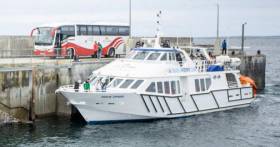 Bus &amp; Boat: The new joint ferry service involves Bus Eireann in a partnership with Doolin Ferry Company. Afloat adds the Co. Clare based operator&#039;s Doolin Express (introduced in 2017) is seen berthed alongside the quay.  
