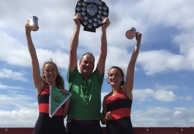 Aoife Lynch, Dan Buckley (coach) and Margaret Cremen after the Lee win in the Junior Women's Double. 