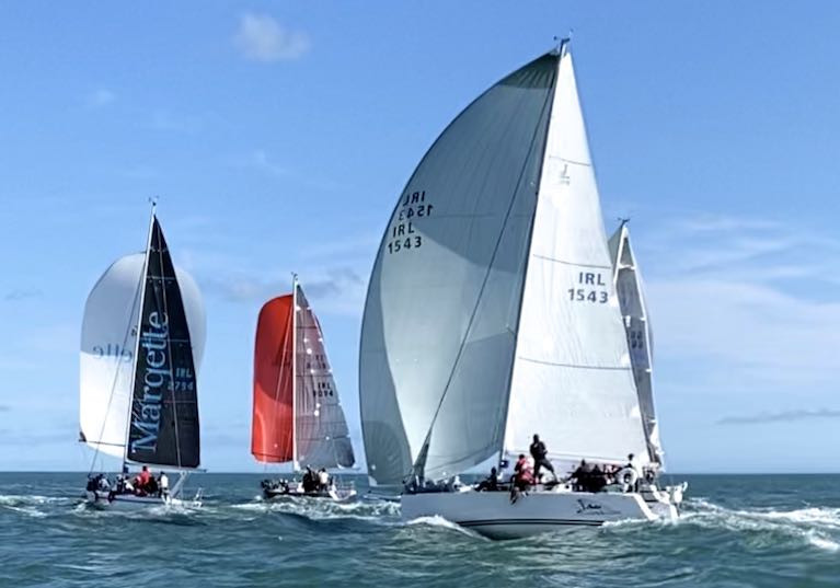 Indian summer hunt in the opening race of Howth's six weekend End-of-Summer Series – Simon Knowles' J/109 Indian in hot pursuit of the Classic Half Tonners Mata (left, Wright Brothers & Rick De Neve), King One (David Kelly), and on right The Big Picture (Michael & Richard Evans)
