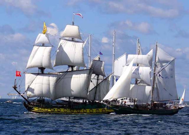 Glory days. Asgard II at her best in a Tall Ships Parade in the Baltic in company with the Russian government’s Shtandart, a replica of a warship built by Peter the Great in the early 1700s.