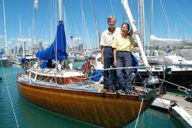 Current Blue Water Medallists Tom and Vicky Jackson aboard their much-travelled S&amp;S 40ft sloop Sunstone. Built by McGruer’s in Scotland in 1963 and originally called Deb, Sunstone was for many years known as Dai Mouse III when she was a regular contender with the ISORA fleet in the Irish Sea