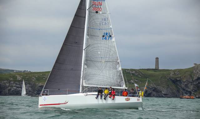 Conor Fogerty’s Bam! racing fully-crewed in last year’s Volvo Round Ireland race, in which she narrowly beat sister-ship Mister Lucky (Mick Hipgrave). Bam! is due to finish today at Newport, Rhode Island in the OSTAR 2017, but this time round, she’s 500 miles ahead of Mister Lucky, and will be third on the water, with only a two-handed Open 40 and a single-handed Open 60 ahead of her