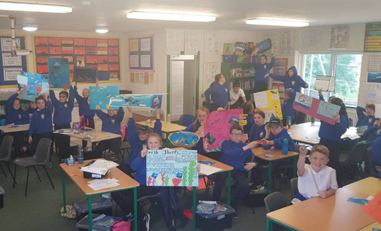 Fifth and sixth class pupils at St Patrick’s NS in Craanford, Co Wexford show off their shark-related art