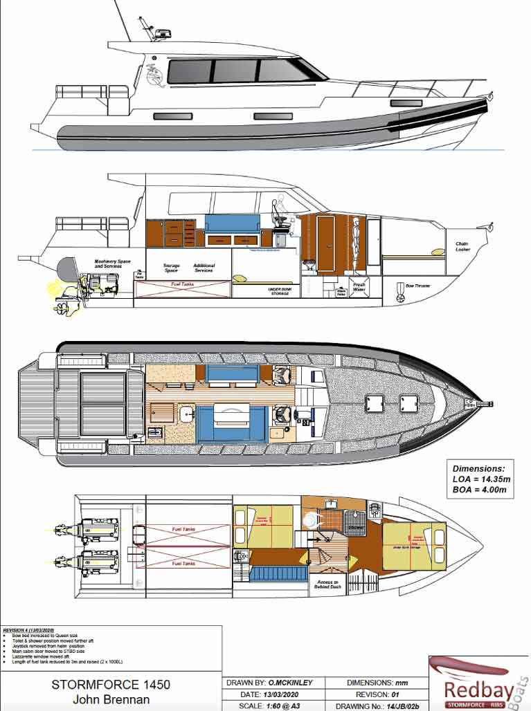 The plans for John &amp; Adam Brennan’s new Redbay Stormforce 1450 as they were in March. But with a third eco-friendly centreline economy engine since added to the specification, the boat has now become the Redbay Stormforce 1650, 54ft long with an additional 0.5 metres of beam, and due for delivery in April 2021