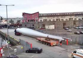 Still from a time lapse video showing one of the massive turbine blades on Galway&#039;s dockside last winter