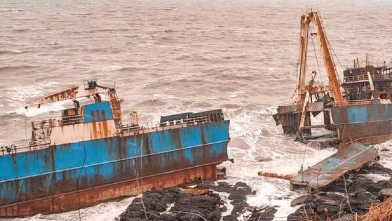 The Alta&#039;s bow and stern sections completely separated, with other large pieces of its hull strewn across the rocks nearby. The freighter had grounded in Ballyandreane in Ballycotton,  east Cork on February 16, 2020. 