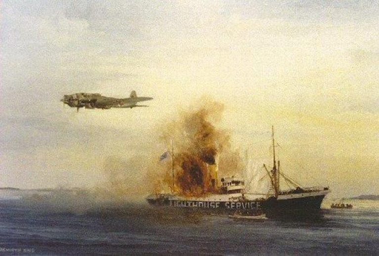 Artist Kenneth King&#039;s depiction of a German bomber over the lightship Isolda off the Wexford coast on December 19th, 1940. Six Dun Laoghaire men died and 22 survived