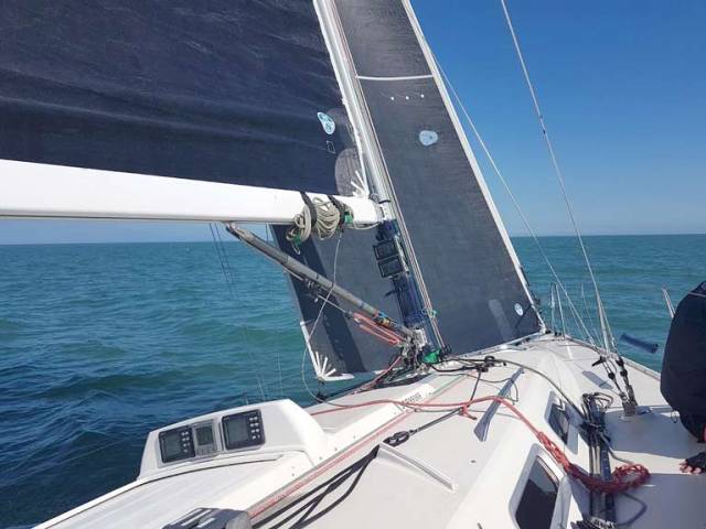 Aboard the J109 White Mischief flying her 3Di Main and Code 2 Jib