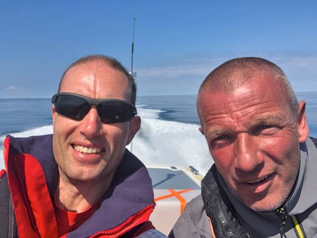 Marc Lyne and Dean Watson mid challenge on board the Scorpion RIB Ocean Devil on Friday 13 July