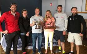 Atara&#039;s winning crew of Paddy Good, Jenny Andreason, Ross McDonald, Aoife English, Robbie English &amp; Richie Harrington with the Romaine Cagney Bowl and the 1720 Europeans Trophy.