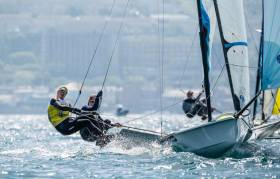 Dun Laoghaire&#039;s Saskia Tidey of the Royal Irish Yacht Club on the wire in Weymouth
