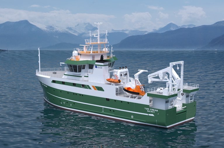 Another CGI image angle of newbuild RV Tom Crean, where the aft deck is where all the action is to take place in carrying out a whole host of oceanagraphy marine research using state of the art equipment as outlined below. Note the port of registry is Galway, the newbuild's homeport.