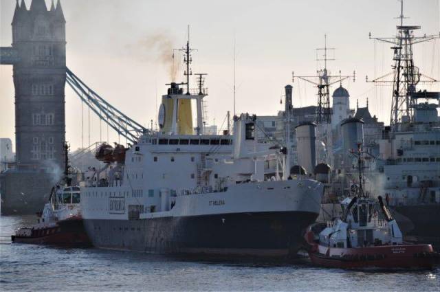 Former Royal Mail Ship (RMS) St Helena having passed through Tower Bridge, arrives to moor alongside HMS Belfast in the Pool of London this week (see link below to Afloat's 2016 coverage). St. Helena's visit was to promote Extreme E electric car racing launching in 2021 as the ship will transport the championship’s supplies and equipment. Afloat adds in 1995, RMS St. Helena made a once-off charter to Swan Hellenic Cruises with calls to Ireland, Dublin and Cork (Cobh), Isle of Man and the Western Scottish Isles. 
