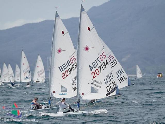 Annalise Murphy with Holland's Daphne Van de Vaart and Denmark's Anne–Marie Rindom on one of the tricky downwind legs during yesterday's day three of the  Laser Radial Women's World Championships on Banderas Bay, Mexico
