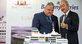 Port of Cork chairman John Mullins and Brittany Ferries chief executive Christophe Mathieu at a special ceremony yesterday which Afloat adds that the cake of the flagship &#039;Pont-Aven&#039; was to celebrate 40 years of the Ireland-France service.  