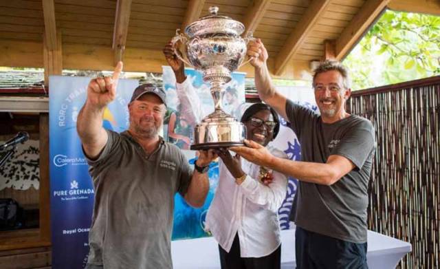 (Right) Richard Palmer's JPK 10.10 Jangada, racing two handed with Jeremy Waitt (left) receive the magnificent  RORC Transatlantic Race Trophy from Dr Clarice Modeste-Curwen, Minister for Tourism and Civil Aviation, Grenada