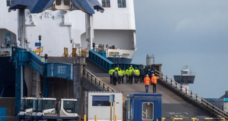 Security and severance personnel board P&amp;O Ferries ropax European Causeway in Larne Port, Co Antrim. P&amp;O have two routes from Ireland, Larne-Cairnryan and Dublin-Liverpool. Both services serving Scotland and England are suspended after P&amp;O said it was ceasing operating temporarily which also includes their UK routes from Hull and Dover to mainland Europe. 